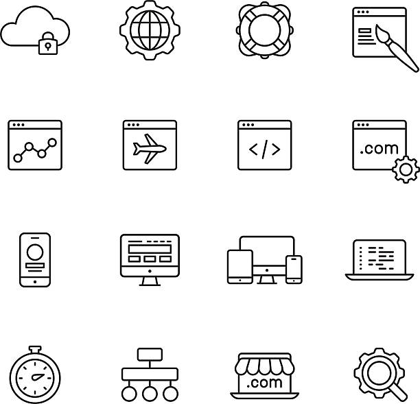ilustrações, clipart, desenhos animados e ícones de desenvolvimento de web linha ícones - html