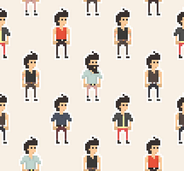 pixel человек-мальчики бесшовный узор - pixelated people retro revival video game stock illustrations