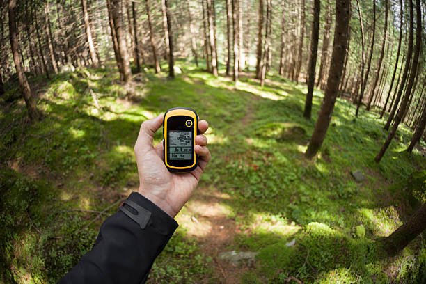 wir finden die richtige position im wald per gps - compass map hiking orienteering stock-fotos und bilder