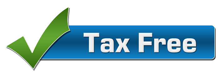 Tax free text written over blue background with green tickmark.
