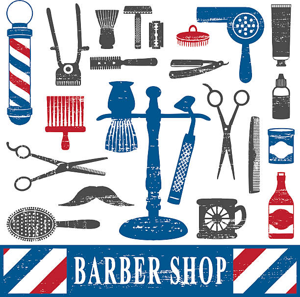 ilustraciones, imágenes clip art, dibujos animados e iconos de stock de retro barber shop iconos conjunto de herramientas de silhouette 2 - barbers pole