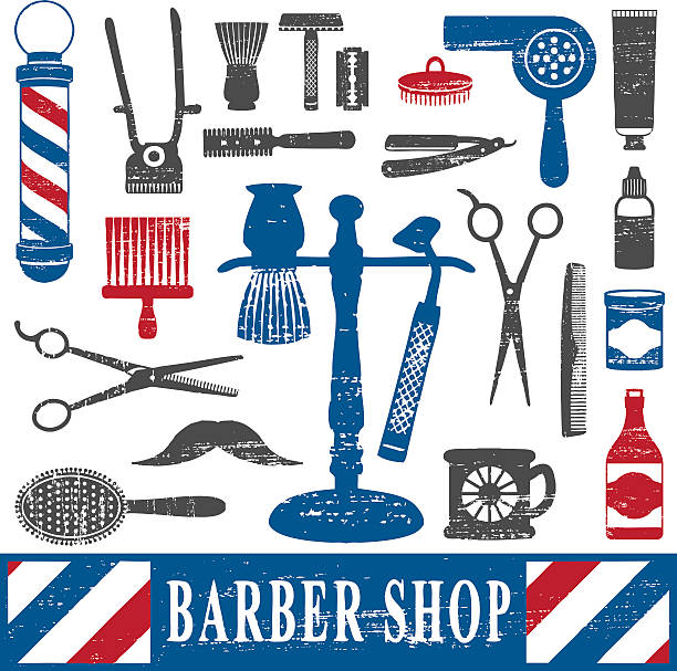винтаж парикмахерская инструменты силуэт иконы набор 2 - barbers pole stock illustrations