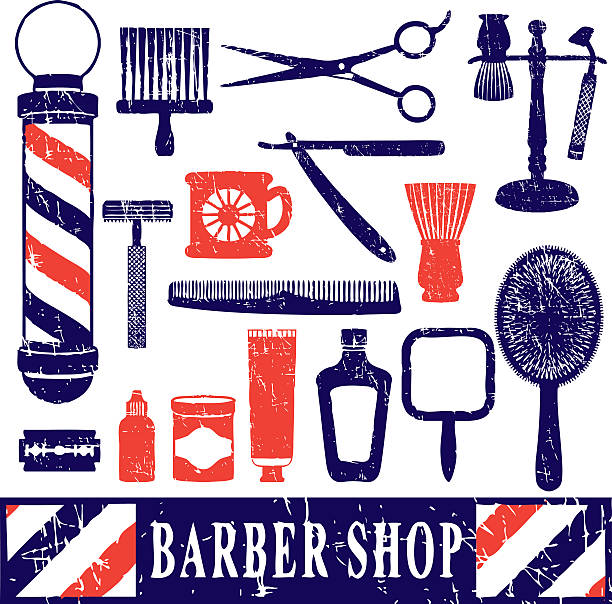 illustrazioni stock, clip art, cartoni animati e icone di tendenza di vintage barbiere strumenti sagoma icone set 3 - barbers pole