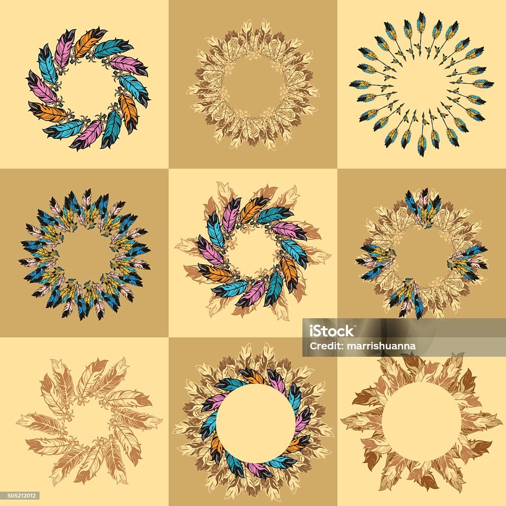 frame feather set Nine vector frames made up of feathers of various colors Abstract stock vector