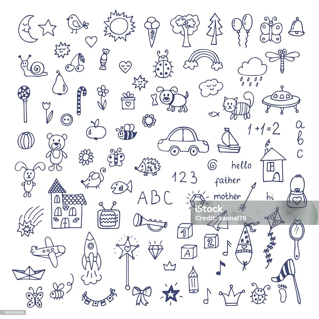 Set of hand drawn cute doodles. Doodle children drawing Set of hand drawn cute doodles. Doodle children drawing. Hand drawn set of drawings in child style. Vector illustration Child stock vector