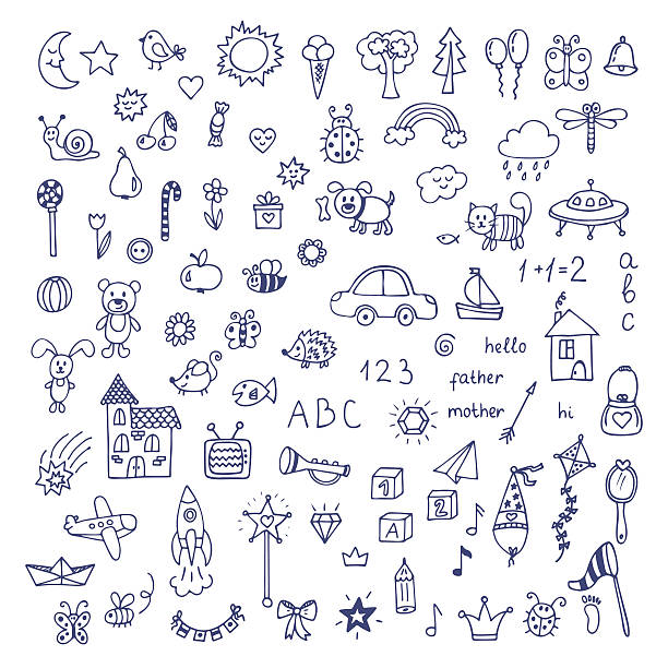 Set of hand drawn cute doodles. Doodle children drawing Set of hand drawn cute doodles. Doodle children drawing. Hand drawn set of drawings in child style. Vector illustration happiness symbols stock illustrations