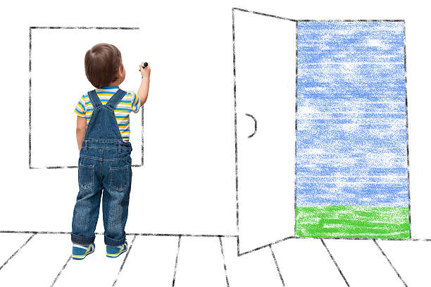 criança atrai imaginária de uma janela - school supplies pencil colors apartment - fotografias e filmes do acervo