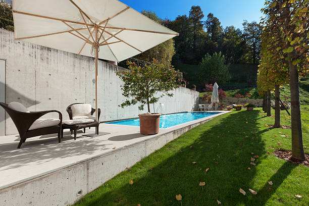 istock House, beautifull terrace with pool 505215466