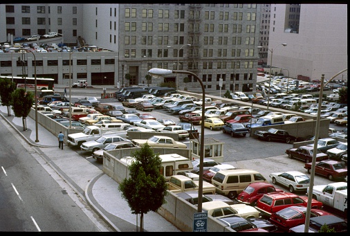 USA, California, Los Angeles Center. Parked cars in the center of Los Angeles,1982.