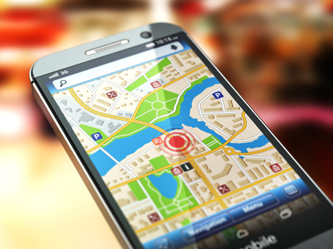 Mobile GPS navigation concept. Smartphone with city map on the screen. 3d
