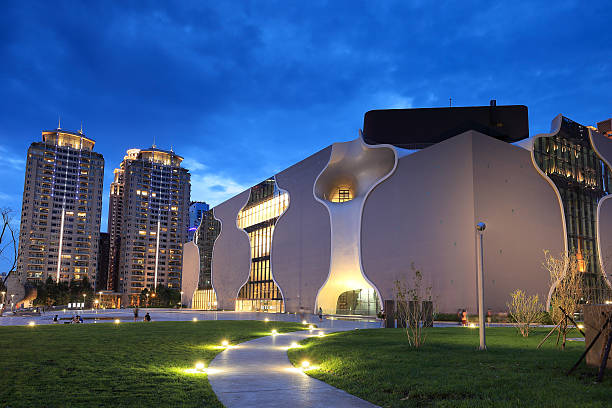 Night view of National Taichung Theater, Taiwan stock photo