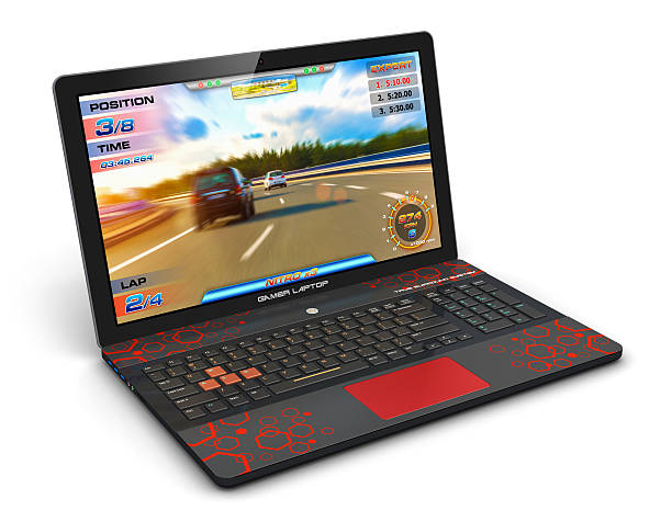 gamer laptop mit video - - computer graphic digitally generated image three dimensional shape isolated on white stock-fotos und bilder