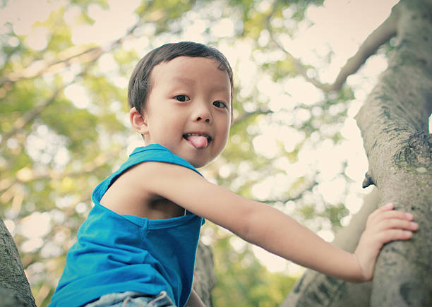 Cute smiling kid playing in nature and climbing on wooden bars.