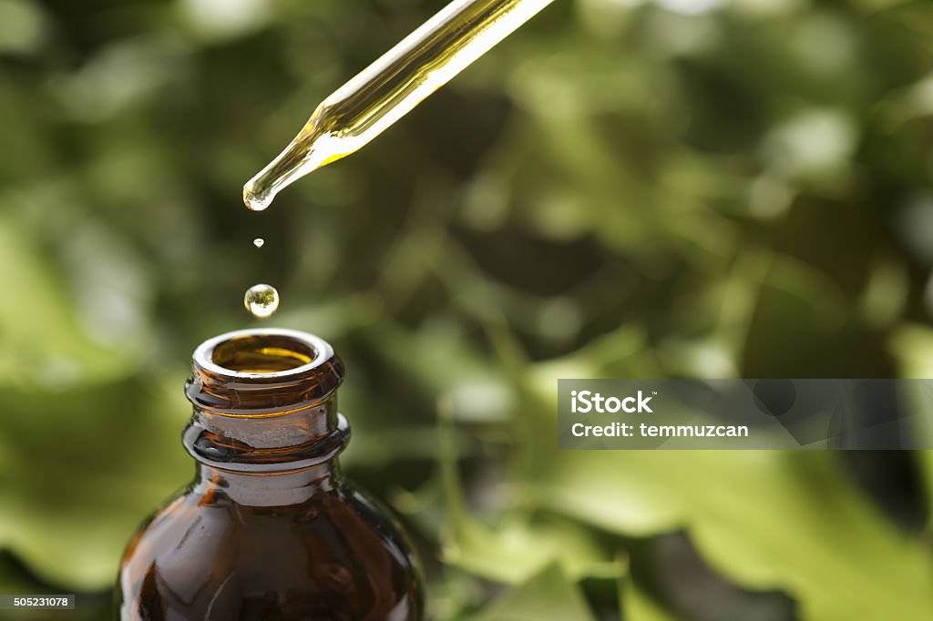 Drop Brown herbal extraction bottle with a dropper. Pipette Stock Photo