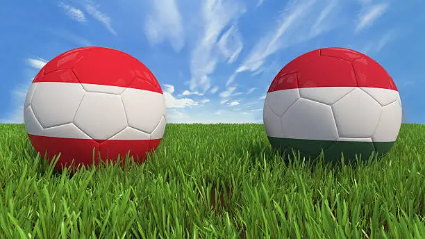 3D soccer balls with Austria and Hungary flag, Euro 2016. Placed on 3d grass. Background isolated with clipping path.