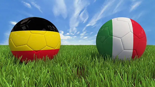 3D soccer balls with Belgium and Italy flag, Euro 2016. Placed on 3d grass. Background isolated with clipping path.