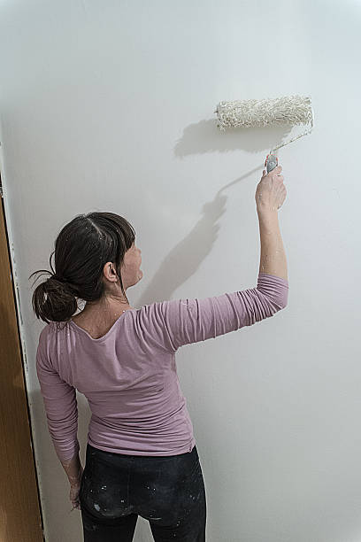istock woman painting wall, improving home, roller paint on the wall 505232754