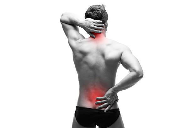 homem com dor nas costas isolado no fundo branco - stretching chiropractor alternative medicine human muscle - fotografias e filmes do acervo