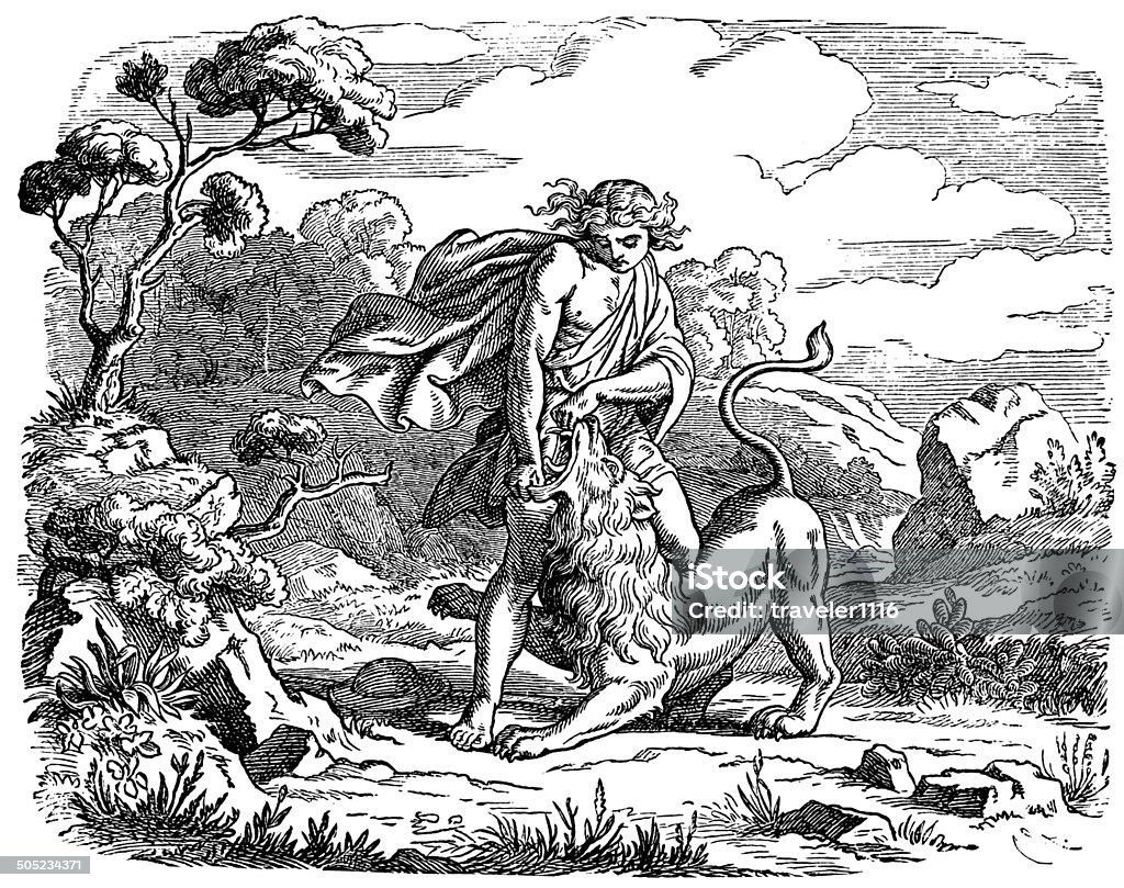 Samson Fighting A Lion Engraving from 1892 showing Samson killing a lion. Black Color stock illustration