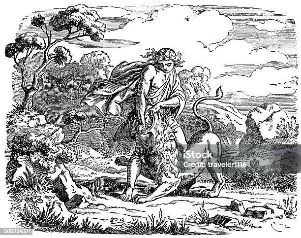 Samson Fighting A Lion Stock Illustration - Download Image Now - Black Color, Conflict, Engraved Image