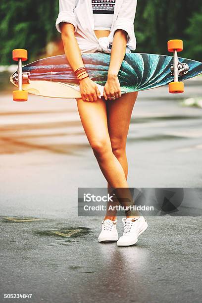 Fashion Lifestyle Beautiful Young Woman With Longboard Stock Photo - Download Image Now