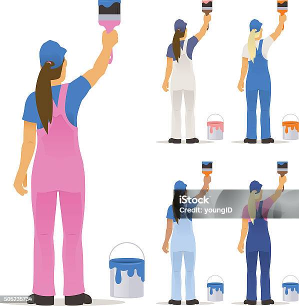 Female Decorator Painting Stock Illustration - Download Image Now - Painting - Activity, Women, Wall - Building Feature