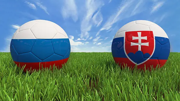 3D soccer balls with Russia and Slovakia flag, Euro 2016. Placed on 3d grass. Background isolated with clipping path.