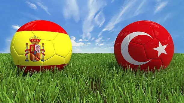 3D soccer balls with Spain and Turkey flag, Euro 2016. Placed on 3d grass. Background isolated with clipping path.