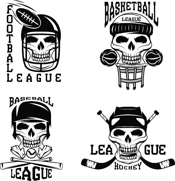 ilustraciones, imágenes clip art, dibujos animados e iconos de stock de deporte vintage vector conjunto de etiquetas con cráneo - baseball men classic adult