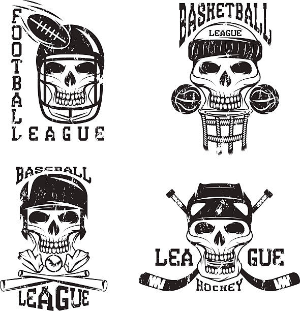 ilustraciones, imágenes clip art, dibujos animados e iconos de stock de deporte vintage vector conjunto de etiquetas grunge con cráneo - baseball men classic adult