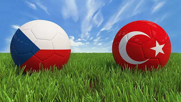 3D soccer balls with Czech Republic and Turkey flag, Euro 2016. Placed on 3d grass. Background isolated with clipping path.