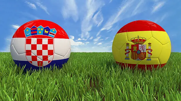 3D soccer balls with Croatia and Spain flag, Euro 2016. Placed on 3d grass. Background isolated with clipping path.
