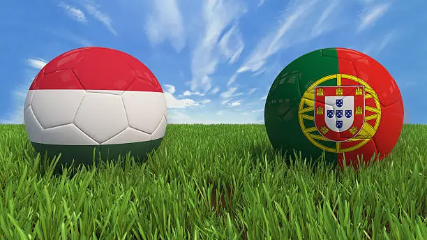  3D soccer balls with Hungary and Portugal flag, Euro 2016. Placed on 3d grass. Background isolated with clipping path.