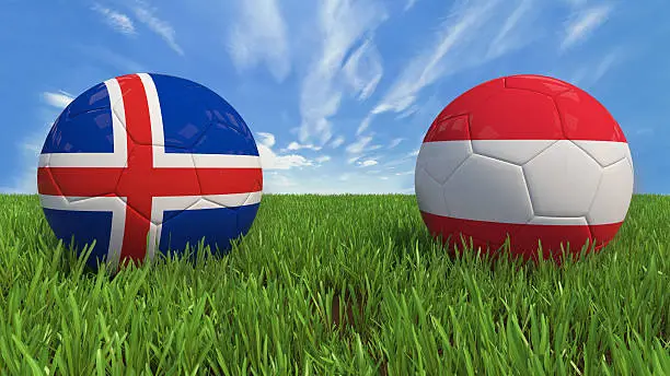 3D soccer balls with Iceland and Austria flag, Euro 2016. Placed on 3d grass. Background isolated with clipping path.