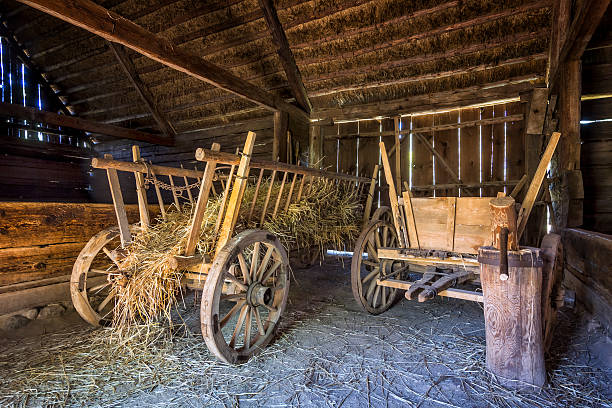 istock Old wooden horse carts in the barn 505238486