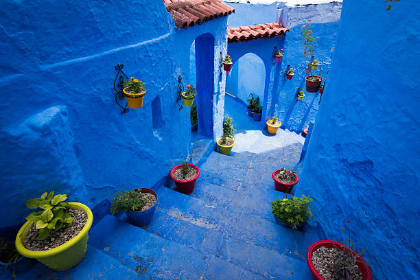 Alleyway in Chefchaouen, Morocoo Colorful alleyway in the city of Chefchaouen, Morocco chefchaouen photos stock pictures, royalty-free photos & images