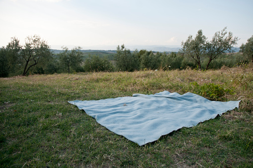 Empty Linen for a picnic green landscape view vinci ,italy