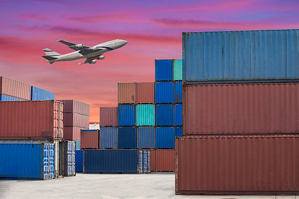 shipping containers in port, logistics tradding zone stock photo