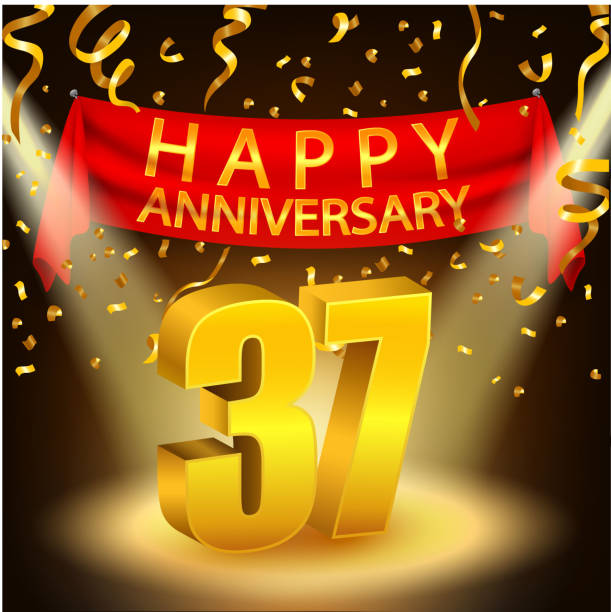 Happy 37th Anniversary celebration with golden confetti and spotlight Vector Illustration Of Happy 37th Anniversary celebration with golden confetti and spotlight accent nails stock illustrations