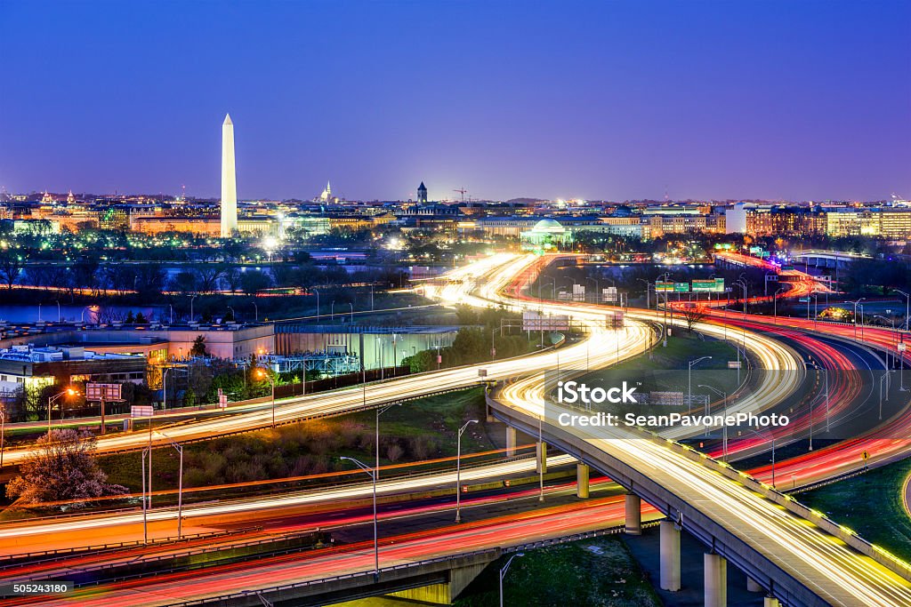 Washington DC Skyline Washington, D.C. skyline with highways and monuments. Washington DC Stock Photo