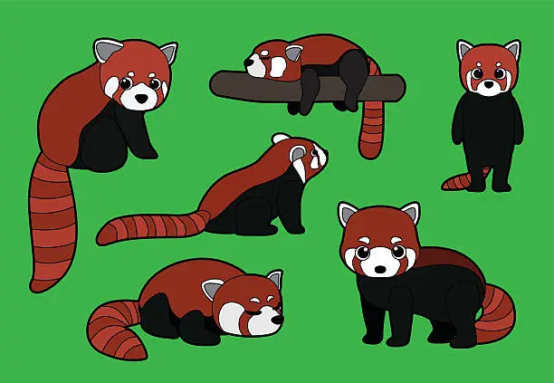 Vector illustration of Red Panda Poses Stroke Cartoon Vector Illustration