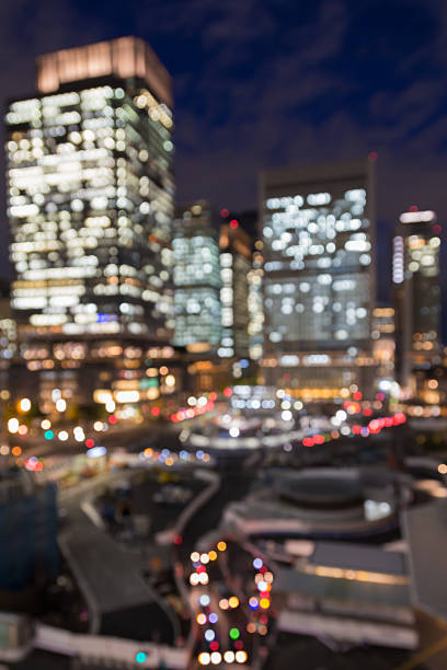 Blurred lights bokeh background, Tokyo central station aerial view
