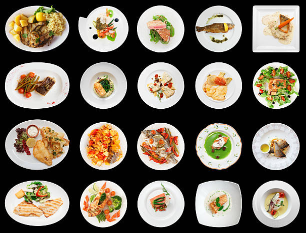 Set of main fish courses isolated on black background