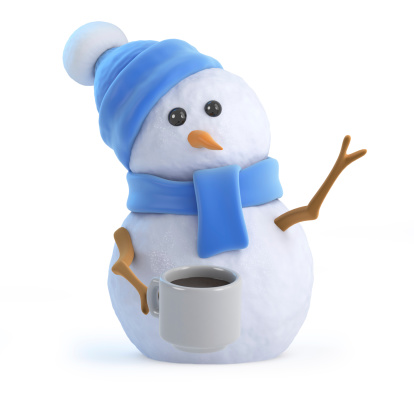 3d render of a snowman with a mug of coffee