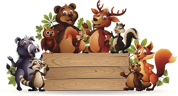 Vector illustration of Wild Animals with Wooden Banner
