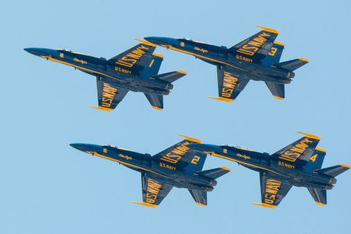 Seattle, USA - August 3, 2014: The famous US Navy’s Blue Angels flying in formation over downtown Seattle mid day in their Boeing F/A- 18 Hornets during the annual Seafair show over Lake Union. The Blue angels fly with such precision that their wingtips are less than 50 inches apart. 