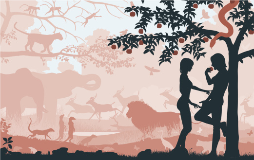 Editable vector silhouettes of Adam and Eve in the Garden of Eden with all figures as separate objects