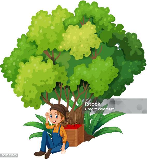 Молодой Фермер Под Дерево — стоковая векторная графика и другие изображения на тему Ребёнок - Ребёнок, Фермер, В тени