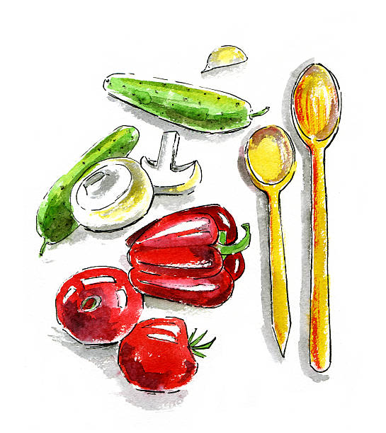 istock Watercolor vegetables: mushrooms, cucumber, garlic, tomatos, pepper 505252781