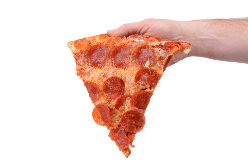 slice of new york style pizza with pepperoni isolated white background